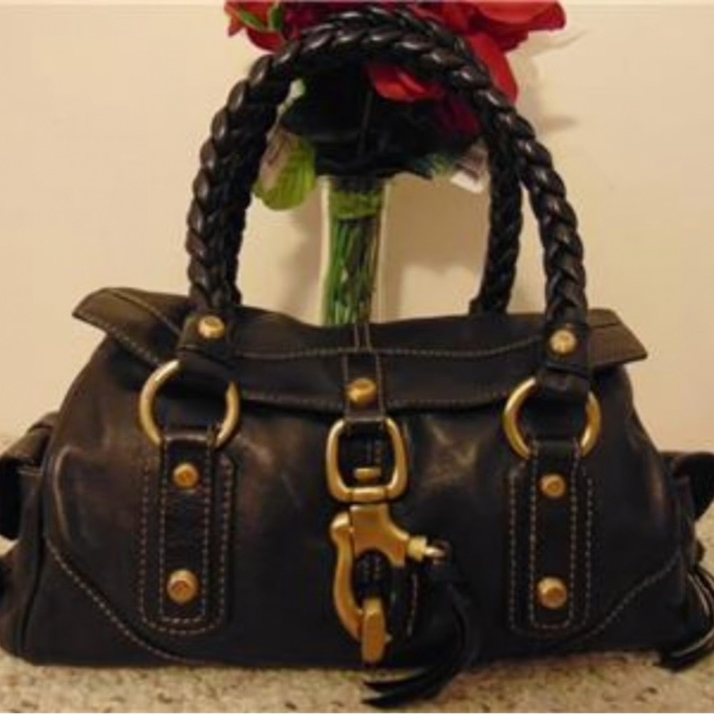 ISO Francesco Biasia Black Satchel with Gold Accents